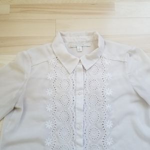 ⭐ Lauren Conrad Embroidered Chiffon Button Up Blouse Off White